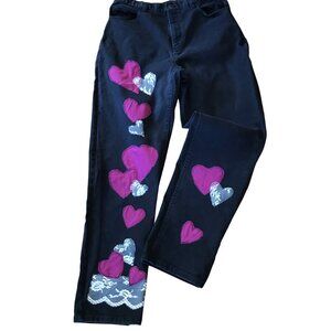 Upcycled Patchwork Jeans, 10: Handmade Magenta & Lace Heart Patches, Black Denim